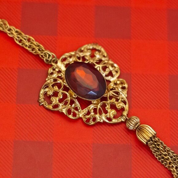 24 inch, Vintage Round Oval Faux Gem Gold Tone Victorian Tassel Necklace - O34 - Picture 1 of 3